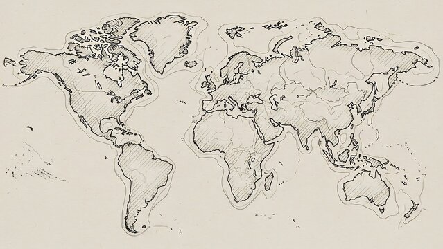 World map sketch with continental outlines and hatching detail, rendered in a classic, hand-drawn style on a muted background.