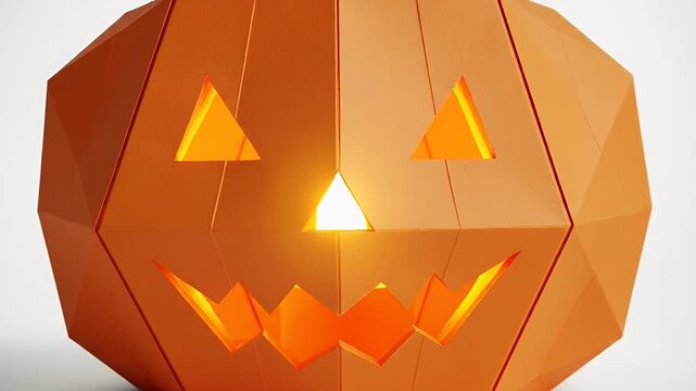 Geometric Orange Jack O Lantern Pumpkin With Carved Scary Face Lit From Within
