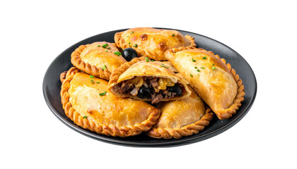 Golden, baked savory pastries filled with meat and olives on a dark plate, isolated