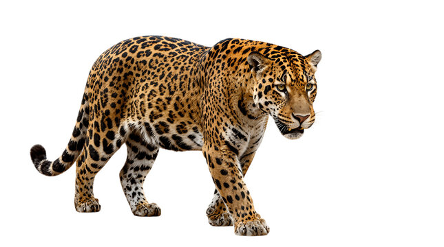 Majestic jaguar walking forward isolated