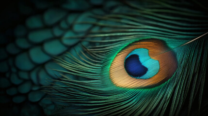 Obraz premium Peacock feather closeup pattern background texture colorful eye detail plumage exotic nature vibrant abstract art macro design elegant decorative beauty natural wildlife photography