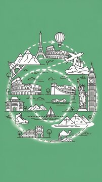 Global Travel Destinations Circle Animation Loop Motion Graphic Green Background