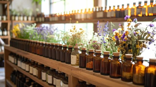 A collection of apothecary bottles displayed on wooden shelves with various flowers in the background.