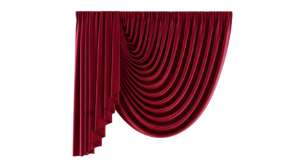 Luxurious red velvet draped stage curtains with elegant folds, a high-quality cut-out with transparency for cinema and theater backgrounds.