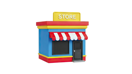 3D Cartoon store building with colorful awning and sign on transparent background