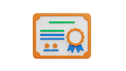 3D Certificate Icon with Stars and Ribbon on transparent background