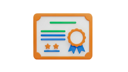 3D Certificate Icon with Stars and Ribbon on transparent background