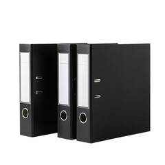 Three black lever arch files with labels