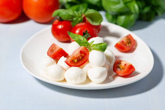 Fresh mozzarella and cherry tomatoes with basil on a plate