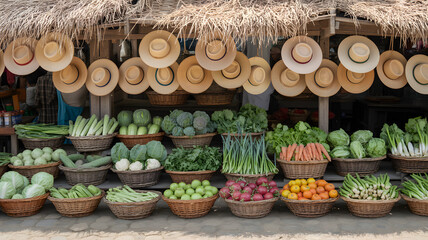 Abundant display of fresh vegetables and straw hats at a roadside market