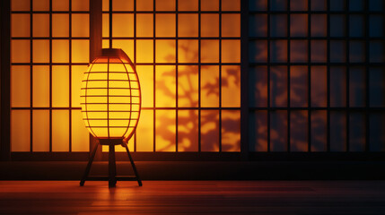 Japanese lamp paper lantern warm light shoji screen shadow floor interior traditional zen calm mood glowing Japanese lamp paper lantern with warm light near shoji screen casting soft shadow wood