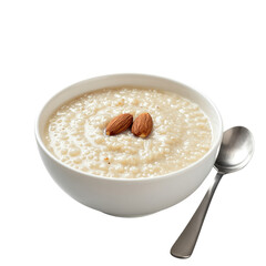 White bowl of rice pudding with almonds and a spoon
