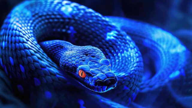 Vivid blue snake with red eyes, coiled menacingly under dark, eerie light