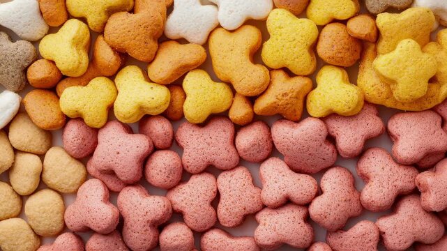 Crunchy bone shape biscuit dog treat pet snack with colorful assorted dry texture pattern, canine snack closeup pile, joyful animal shape pastel