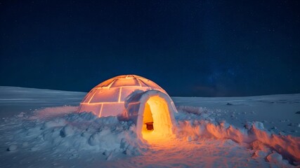Cozy illuminated igloo in snowy landscape under starry night sky.