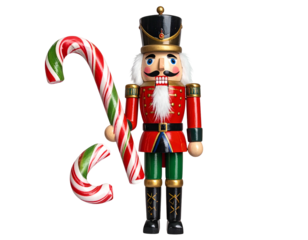 A festive wooden soldier figure holding a candy cane, isolated on a black background