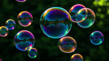 Bubble soap colorful reflection nature background texture light shine abstract Colorful soap bubble reflection over nature background texture with vibrant shine and dreamy abstract light floating