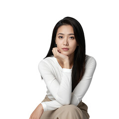 Young Asian woman in white blouse posing thoughtfully