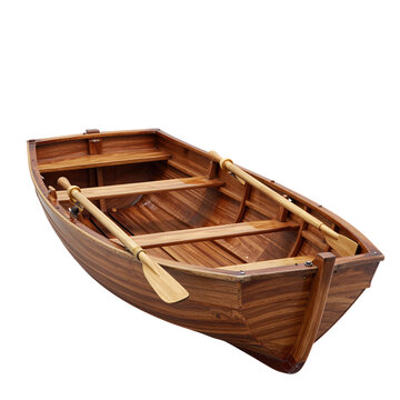 Wooden rowboat with oars and seating