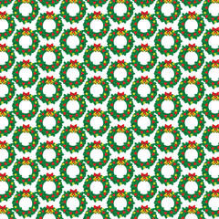 Seamless Christmas Wreath Pattern with Festive Bells, Bows, Hearts, and Stars on White Background, Holiday Decor Wallpaper.