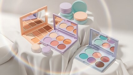 Aesthetic collection of colorful eyeshadow palettes and cosmetic jars on a draped fabric.