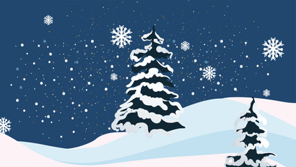 Fototapeta premium Winter landscape illustration with snow-covered fir trees and falling snowflakes under a serene night sky, perfect for holiday backgrounds or seasonal designs