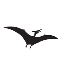 A black pterodactyl silhouette flying with outstretched wings, isolated on a white background.