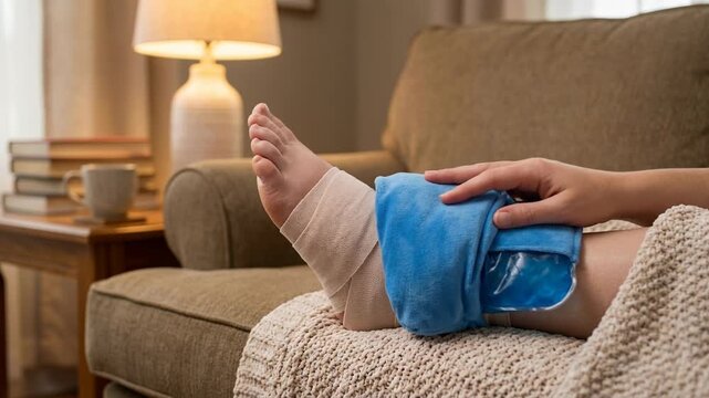 Injured foot wrapped in bandage with cold pack for autoimmune support and lifestyle care to reduce pain inflammation and provide effective support