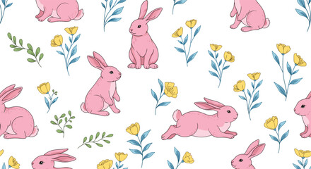Obraz premium A sweet and gentle seamless pattern featuring cute pink rabbits in various poses among yellow flowers and green leaves on a white background.