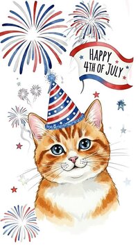 Cute Orange Cat Wearing Patriotic Hat Celebrates 4th Of July With Fireworks