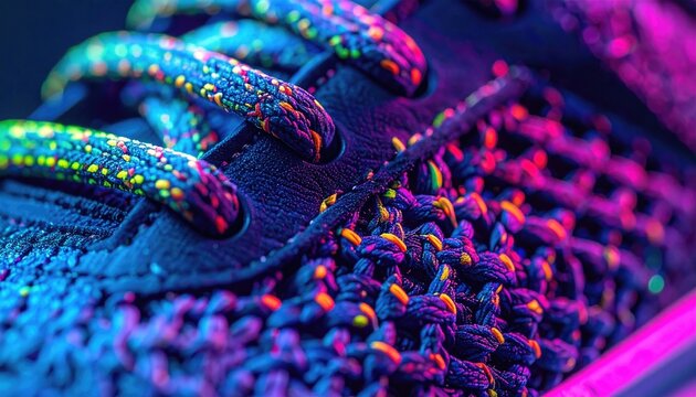 Close-up of vibrant shoe details with multicolored laces and stitching
