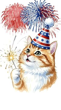 Cute Orange Cat Wearing Party Hat Holding Sparkler With Fireworks Background