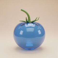Abstract Blue Glass Tomato with Green Stem on Beige Background