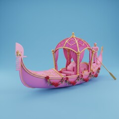 Luxurious pink gondola with golden accents, ornate canopy, rose garlands, and gondolier, isolated on a light blue background.