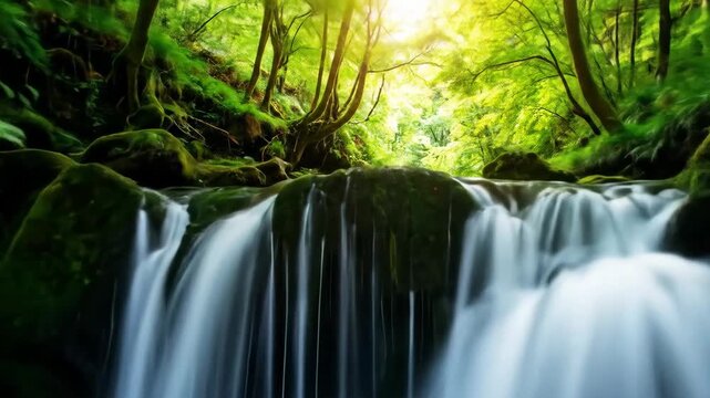 A serene waterfall cascades over moss-covered rocks in a lush, green forest, creating a tranquil scene.