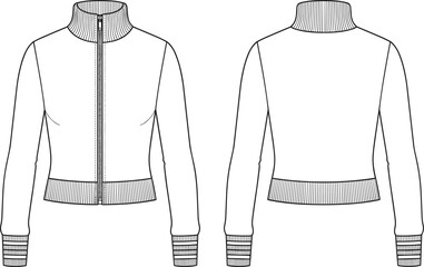 PrintWomen zipped track jacket technical sketch, long sleeve fleece bomber sweatshirt template, flat garment vector illustration, front and back views. © MstMahannahara