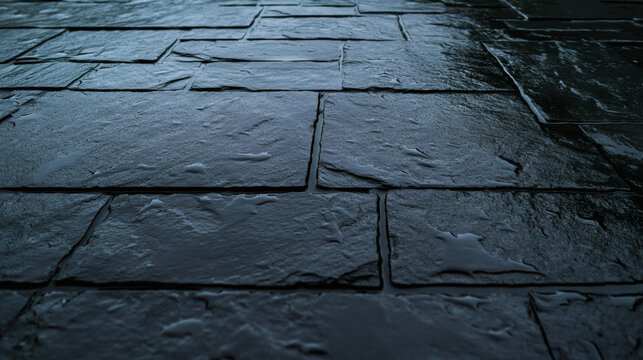 Wet stone background texture, dark slate pavement surface closeup, moody reflective floor pattern with water detail creating dramatic urban atmosphere