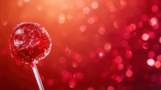 Red lollipop on stick with bokeh background in shades of red