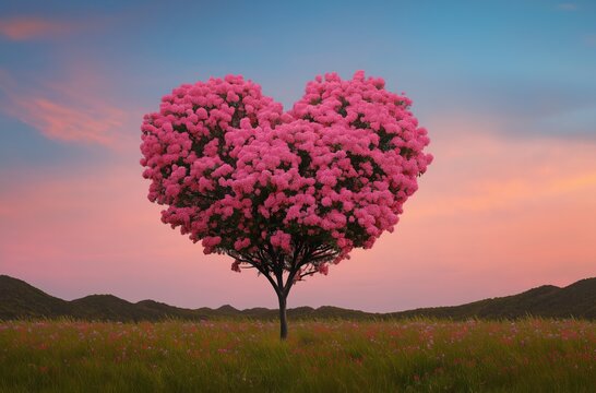 Pink heart shaped tree blooming in a green field with wildflowers, featuring a pastel sky and copy space - Powered by Adobe