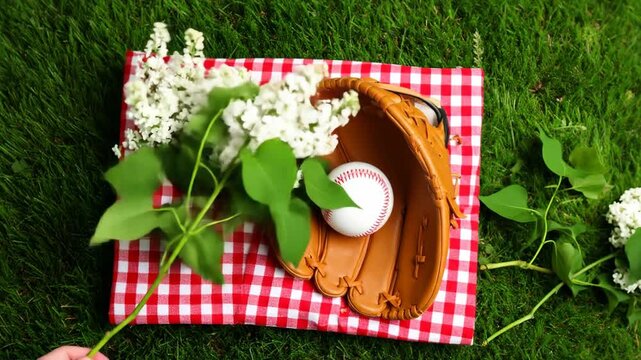 A baseball and mitt rest on a red checkered blanket alongside white flowers on green grass.