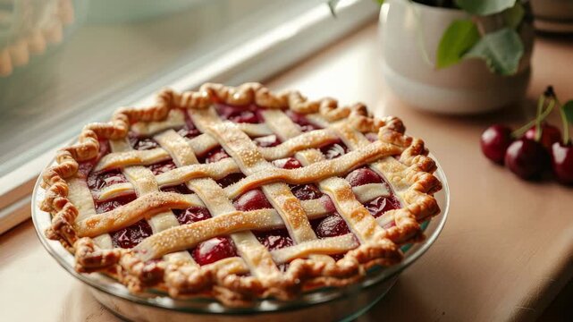 Freshly baked cherry pie with lattice crust on wooden surface near window