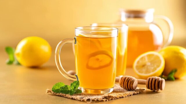 A refreshing arrangement showcasing warm tea, lemons, mint, and honey dippers on a reflective surface.