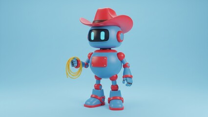 3D cartoon robot wearing a red cowboy hat and holding a yellow lasso, symbolizing AI technology and Western themes on a blue background.
