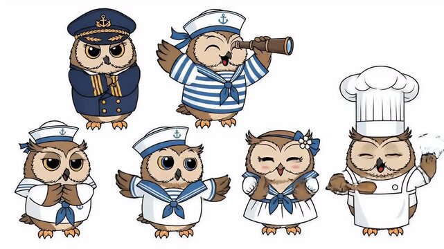 Cute Owl Crew Sailor Chef Cartoon Animation
