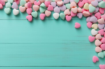 Obraz premium Pastel conversation candy hearts forming a border on a turquoise wooden background, providing ample copy space for messaging