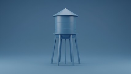 Blue minimalist 3D water tower on a monochromatic studio background.