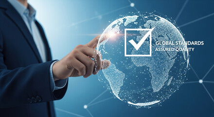 Businessman confirms global standards and quality assurance with digital touch on Earth hologram