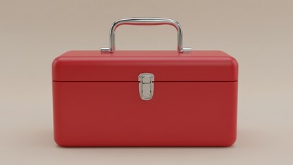 Red Toolbox with Shiny Chrome Handle and Latch on Clean Beige Background