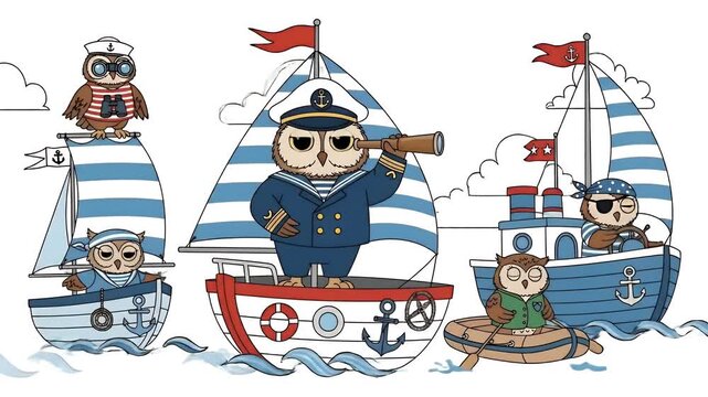 Cute Owl Sailors Navigating Blue and White Sailboats on Wavy Water