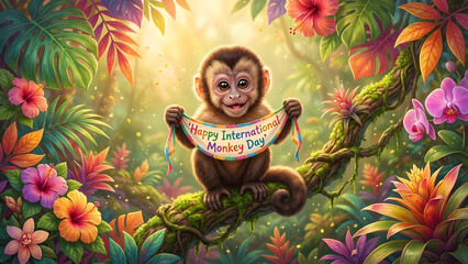 Adorable monkey celebrating international monkey day in a vibrant tropical rainforest surrounded by colorful flowers and lush greenery